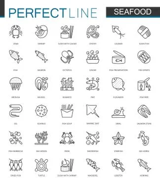 Seafood thin line web icons set. Fish food for restaurant menu outline stroke Stock Illustration