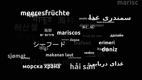 Seafood Translated in 48 Worldwide Languages Endless Looping 3d Zooming Wordc Video stock 145213795