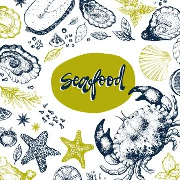 Seafood vector design template, banner. Seafood vector illustration hand drawn Stock Illustration