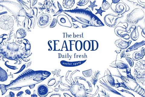Seafood vector frame illustration. Can be use for restaurants menu, cover Stock Illustration