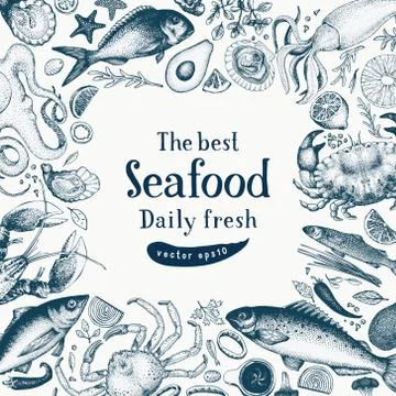 Seafood vector frame illustration. Can be use for restaurants menu, cover Stock Illustration