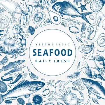 Seafood vector frame illustration. Can be use for restaurants menu, cover Stock Illustration