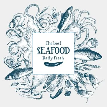 Seafood vector frame illustration. Can be use for restaurants menu, cover Stock Illustration