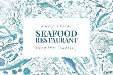 Seafood vector illustration. Can be use for restaurants menu, cover, packaging Illustrazione stock
