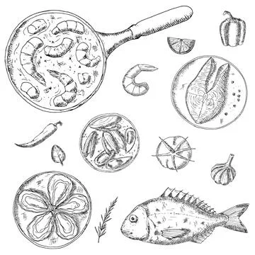 Seafood. Vector illustrations. Isolated objects on a white background. Stock Illustration