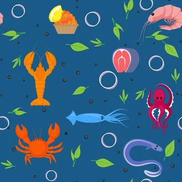 Seafood vector seamless pattern of fish and crab, shrimp and flounder, tuna and Stock Illustration