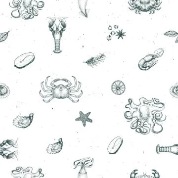 Seafood vector seamless pattern for restaurants, emblem, packaging. Hand drawn Stock Illustration