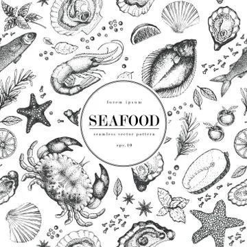 Seafood vector seamless pattern for restaurants, emblem, vector image. Retro Stock Illustration