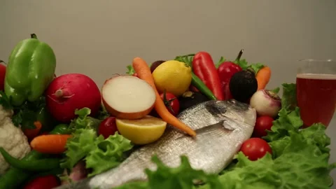 Seafood Vegetables And Drinks On A Kitchen Counter Stock Footage 343740124