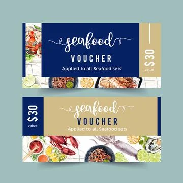 Seafood voucher design with crab, octopus, lobster illustration watercolor. Stock Illustration