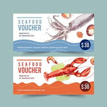 Seafood voucher design with squid, shell, lobster illustration watercolor. Illustration