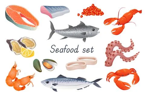 Seafoods 3d realistic set. Bundle of salmon steak, red caviar, crab, crayfish Stock Illustration