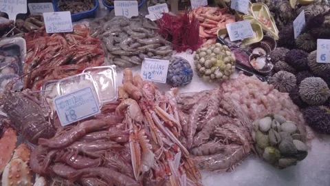 Seafoods at a large market Stock Footage 274453773