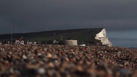 Seaford UK beach with chalk cliffs before a strong storm 動画素材 102478283
