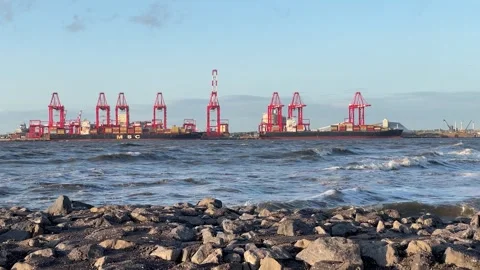 Seaforth container terminal on River Mersey, Liverpool, England 스톡 동영상 265013653