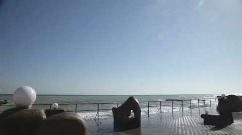 Seafront and pier with huge waves Stock Footage 2923504