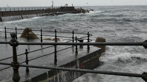 Seafront And Pier With Huge Waves Stock Footage 86501685