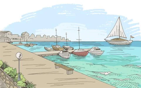Seafront pier graphic yacht color seascape sketch illustration vector Stock Illustration