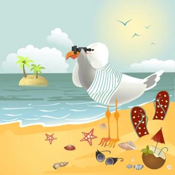 Seagull on the beach looking through binoculars Stock Illustration