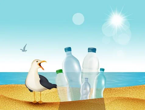 Seagull on the beach with plastic bottles Stock Illustration
