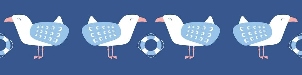 Seagull border vector pattern design with lifebouy. Illustrazione stock