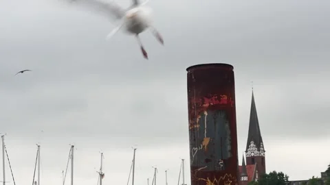 A seagull flies away from a rusty pillar against the backdrop of an old chur Vidéo 261658708