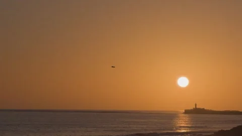 Seagull flying across sunset over ocean with lighthouse silhouette 스톡 동영상 331219032