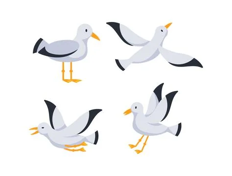Seagull flying and standing, flapping wings and screaming, cartoon vector set Иллюстрация