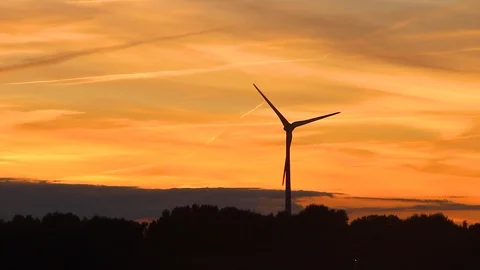 Seagull flying near a windmill at dusk Stock Footage