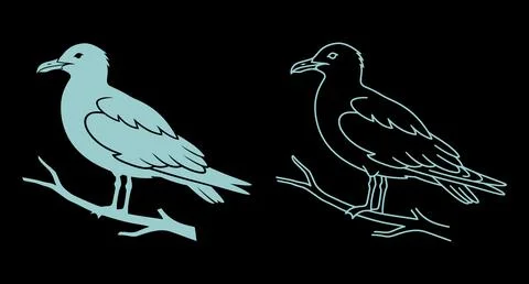 Seagull icon on branch in solid silhouette and linear outline style イラスト素材
