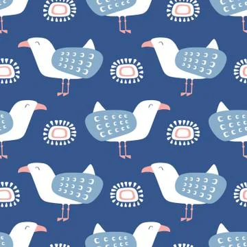 Seagull pattern design. Sea bird vector seamless repeat seaside background Illustrazione stock