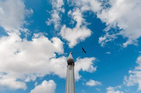 Seagull Perched on Metallic Pole with Cloudy Sky Stock Photos