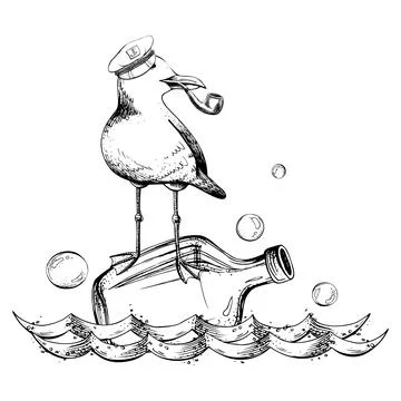 Seagull in a ship captain s cap with a tobacco pipe in its beak stands and Stock Illustration