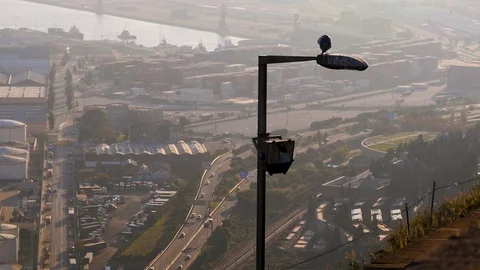 A seagull sits on a lamppost and cleans feathers against a noisy and polluted Stock Footage 101198986