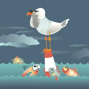 Seagull standing on the buoy and looking through binoculars Stock Illustration