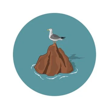 Seagull on stone. Isolated image of gull in cartoon style. Seascape Illustrazione stock