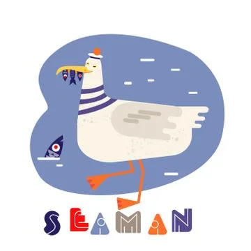 Seagull vector flat image. Sea bird holding fish in beak. cartoon character Stock Illustration