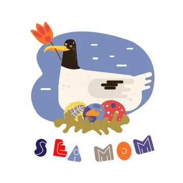 Seagull vector flat image. A seabird holds flower in its beak. Picture for baby Stock Illustration