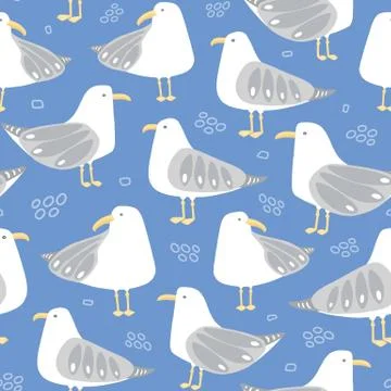 Seagull vector pattern design. Fun seaside bird seamless repeat background. Illustrazione stock