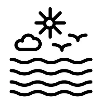 Seagulls and sun with clouds line icon. Waves and seagulls vector illustration Stock Illustration