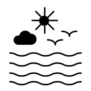 Seagulls and sun with clouds solid icon. Waves and seagulls vector illustration イラスト素材