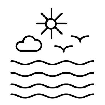 Seagulls and sun with clouds thin line icon. Waves and seagulls vector Stock Illustration