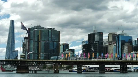 Seagulls fly over Sydney Darling Harbour slow motion 4K Video stock 166072031