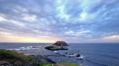 Seagulls flying and nesting on Phillip Island, Australia, with stormy skies 库存影片 49327115