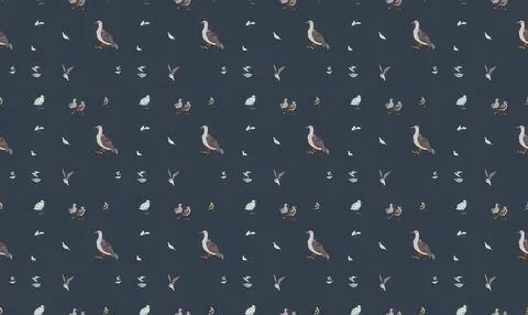 Seagulls flying and resting on dark sky background Illustrazione stock