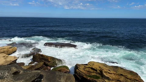 Seagulls Flying Over Ocean Waves Crashing on Rocks Video, Sydney Gordons Bay Stock Footage 338429054