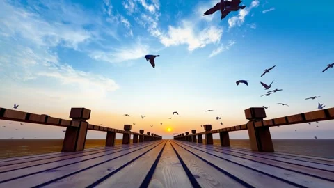 Seagulls flying slowly on the bridge over the sea Stock Footage 279043424