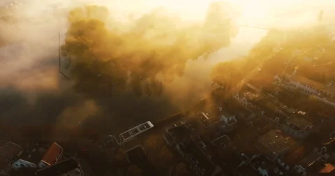 Seagulls flying underneath a drone at a river in the early morning showing fog Video stock 63616067