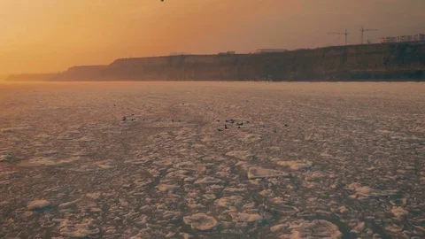 Seagulls hover in the sky over the frozen ocean at sunset. Slow motion.Droneshot Stock Footage 72274578