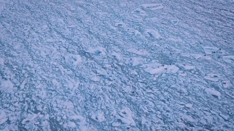 Seagulls hover in the sky over the frozen ocean at sunset. Slow motion.Droneshot Stock Footage 72279665
